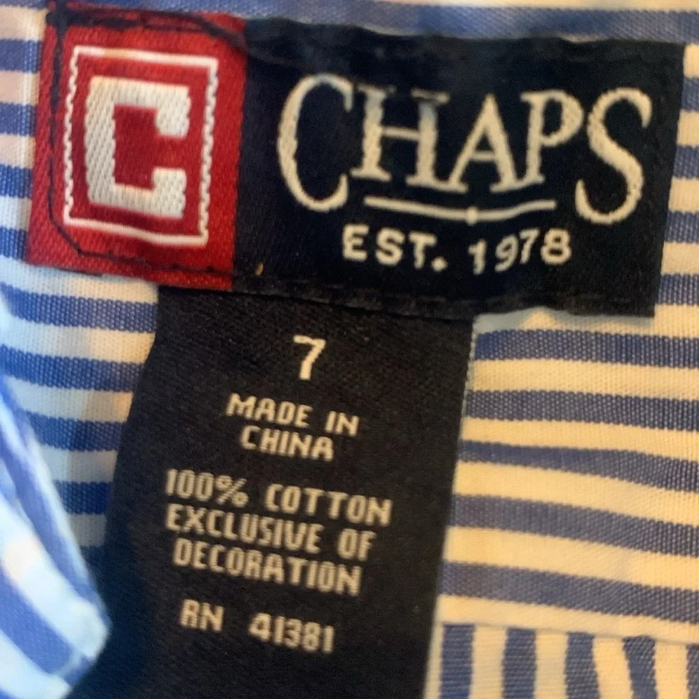 Boys Chaps Blue & White Striped Long Sleeve Button Down Shirt Size 7 EUC